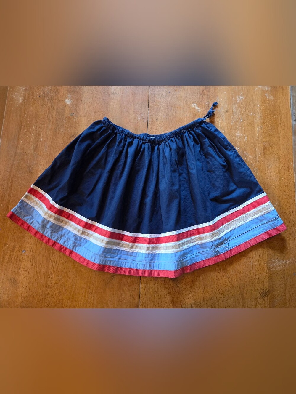 Lands' End Navy Full Skirt with Red and Light Blue Hem Bands Embroidered Bow
